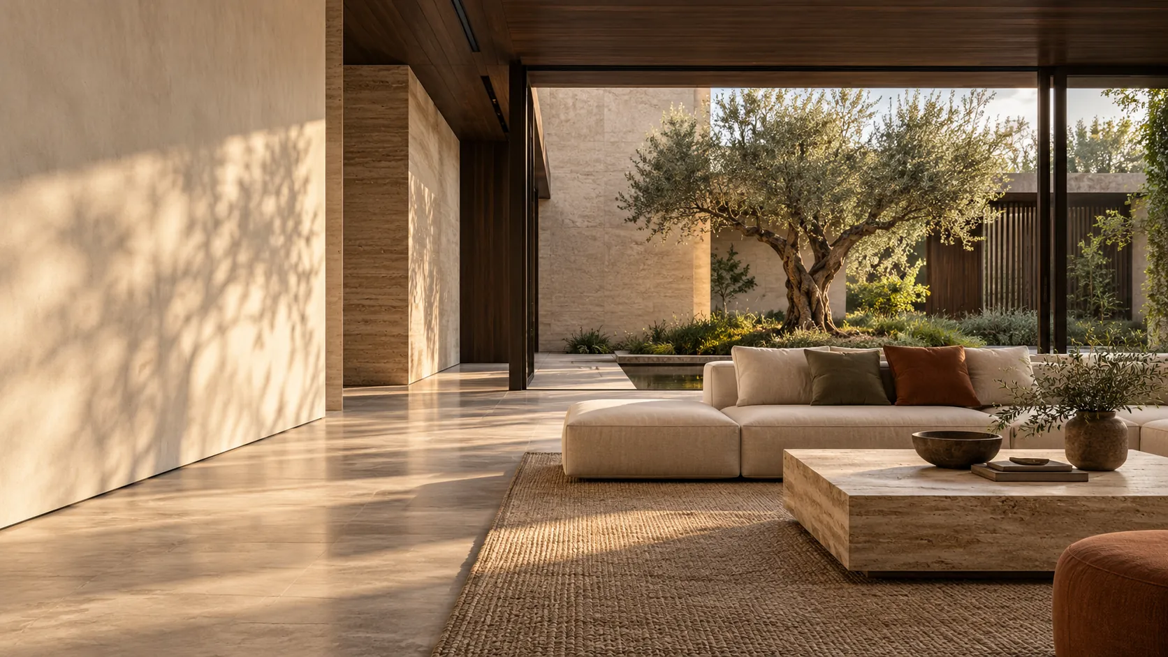 Courtyard living room opening onto an olive tree