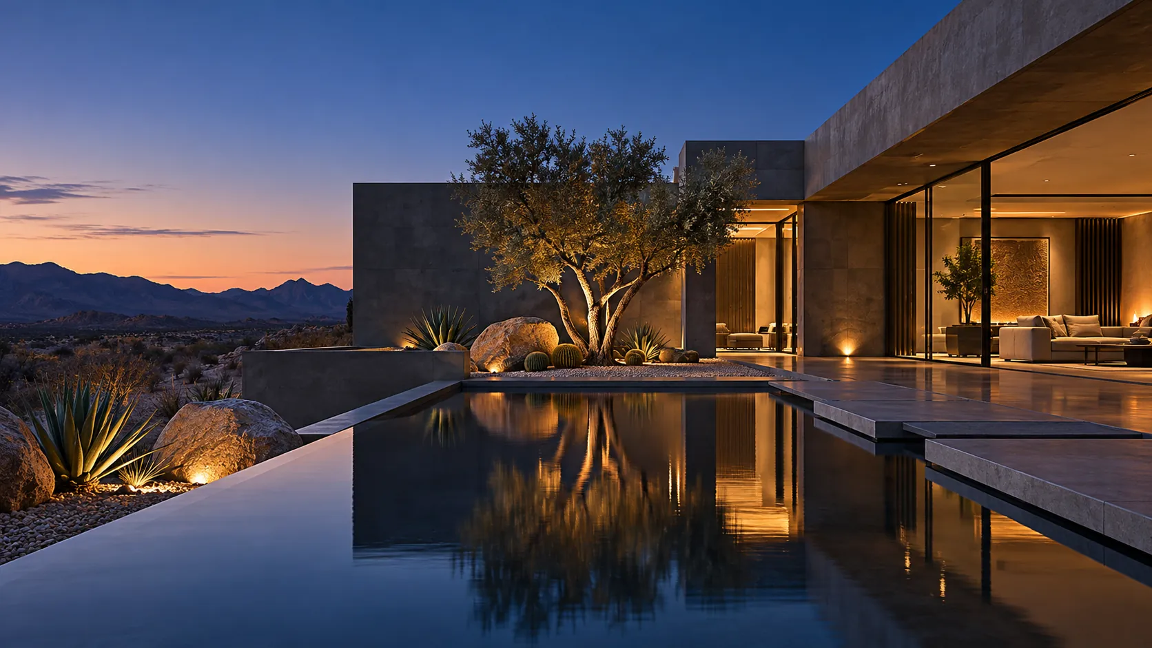 Desert villa pool lit at dusk