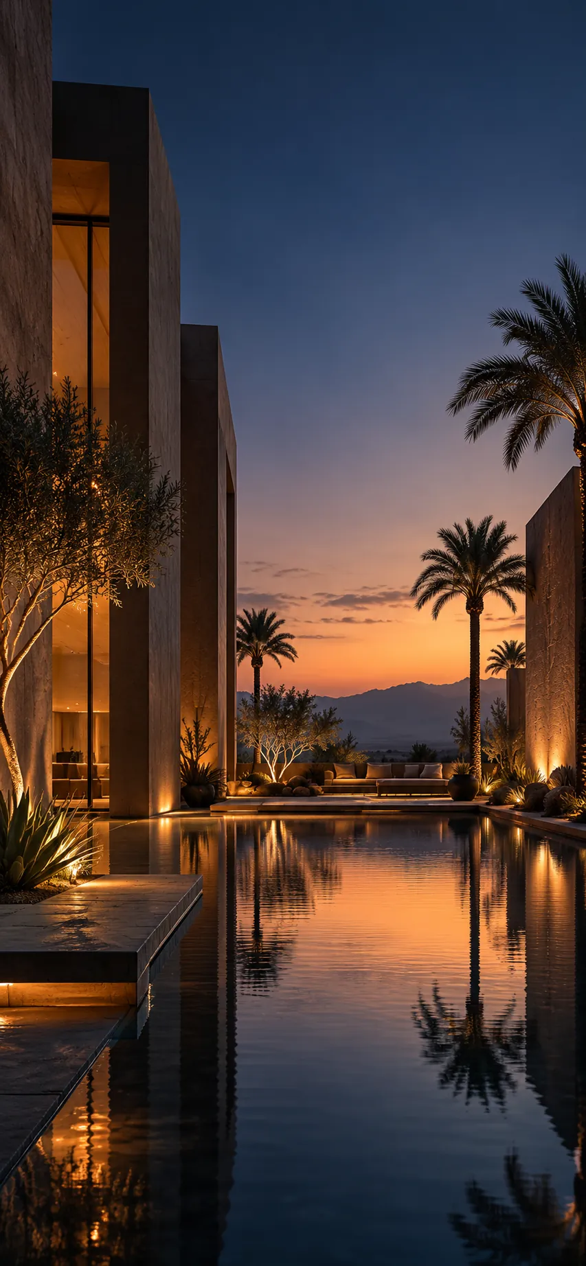 Palm courtyard and reflecting pool at night