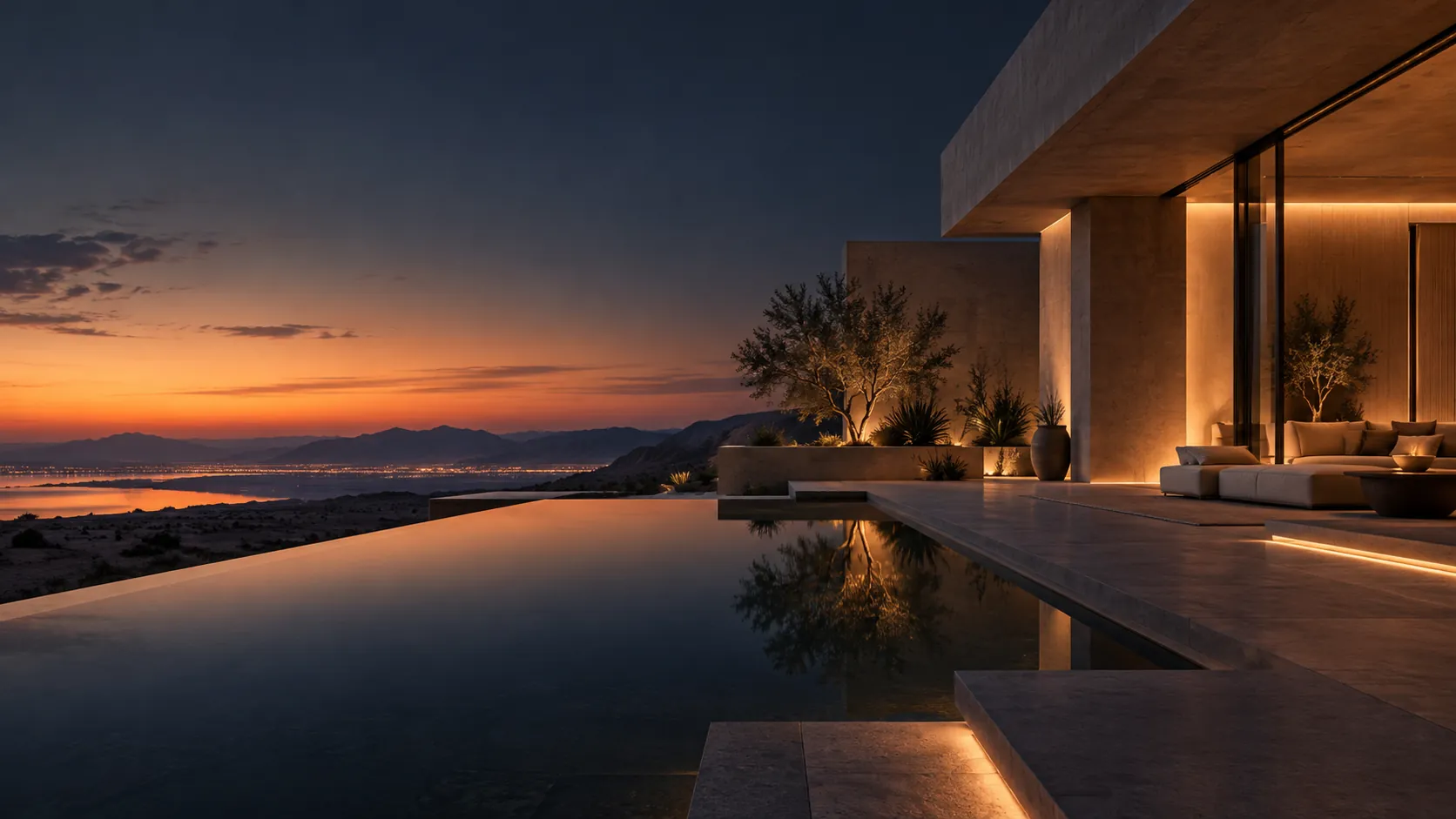 Pool terrace at dusk