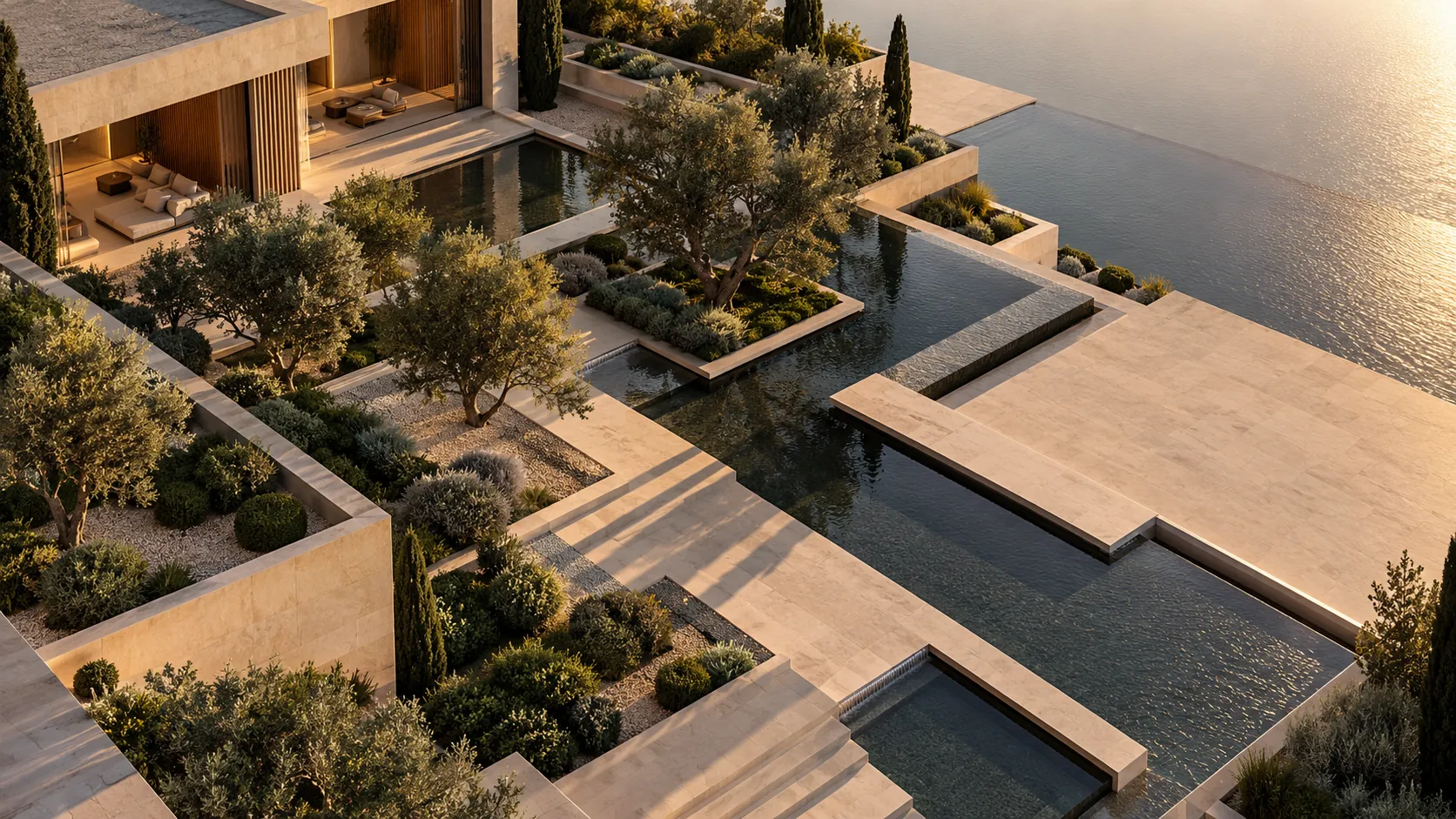 Aerial view of a terraced villa landscape with olive trees and reflecting pools at sunset