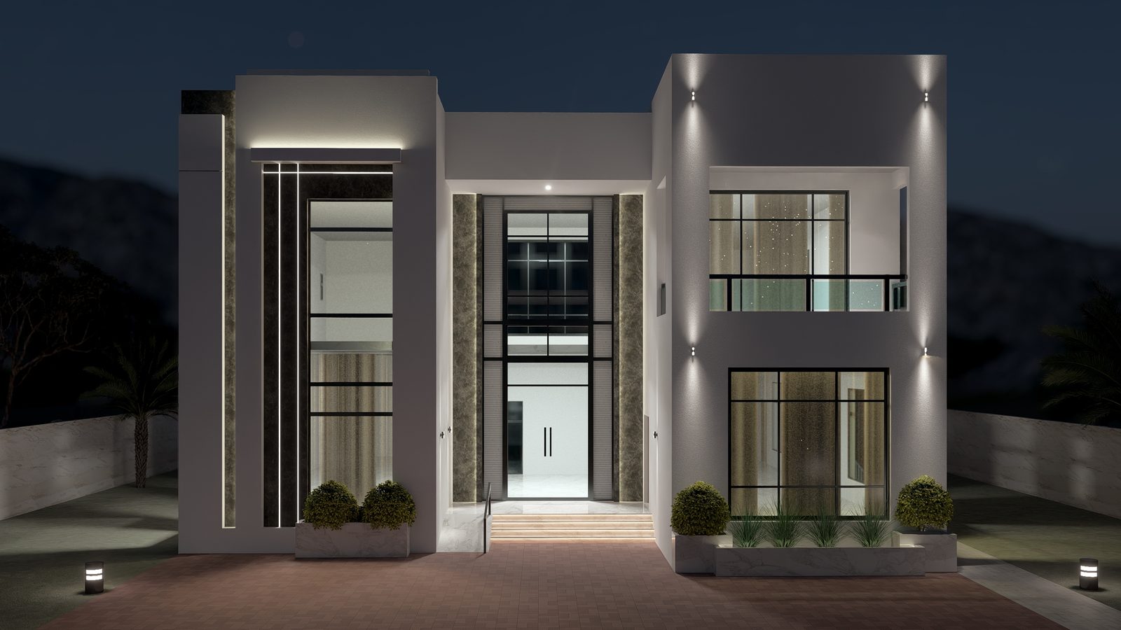 Villa exterior at night — Archilawn