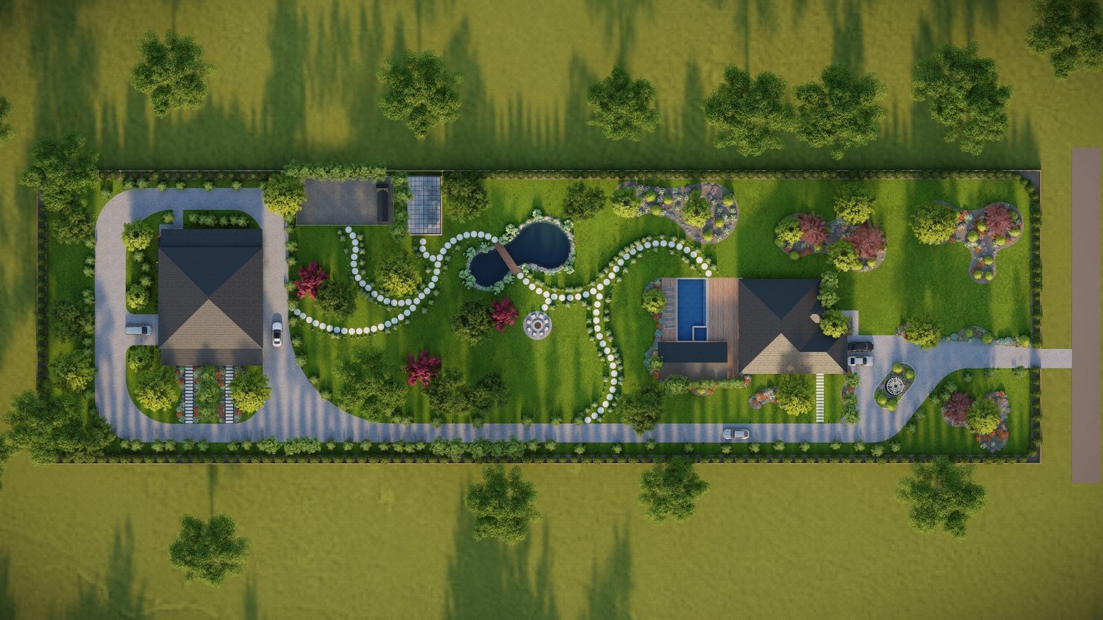 Aerial masterplan render of a luxury villa landscape
