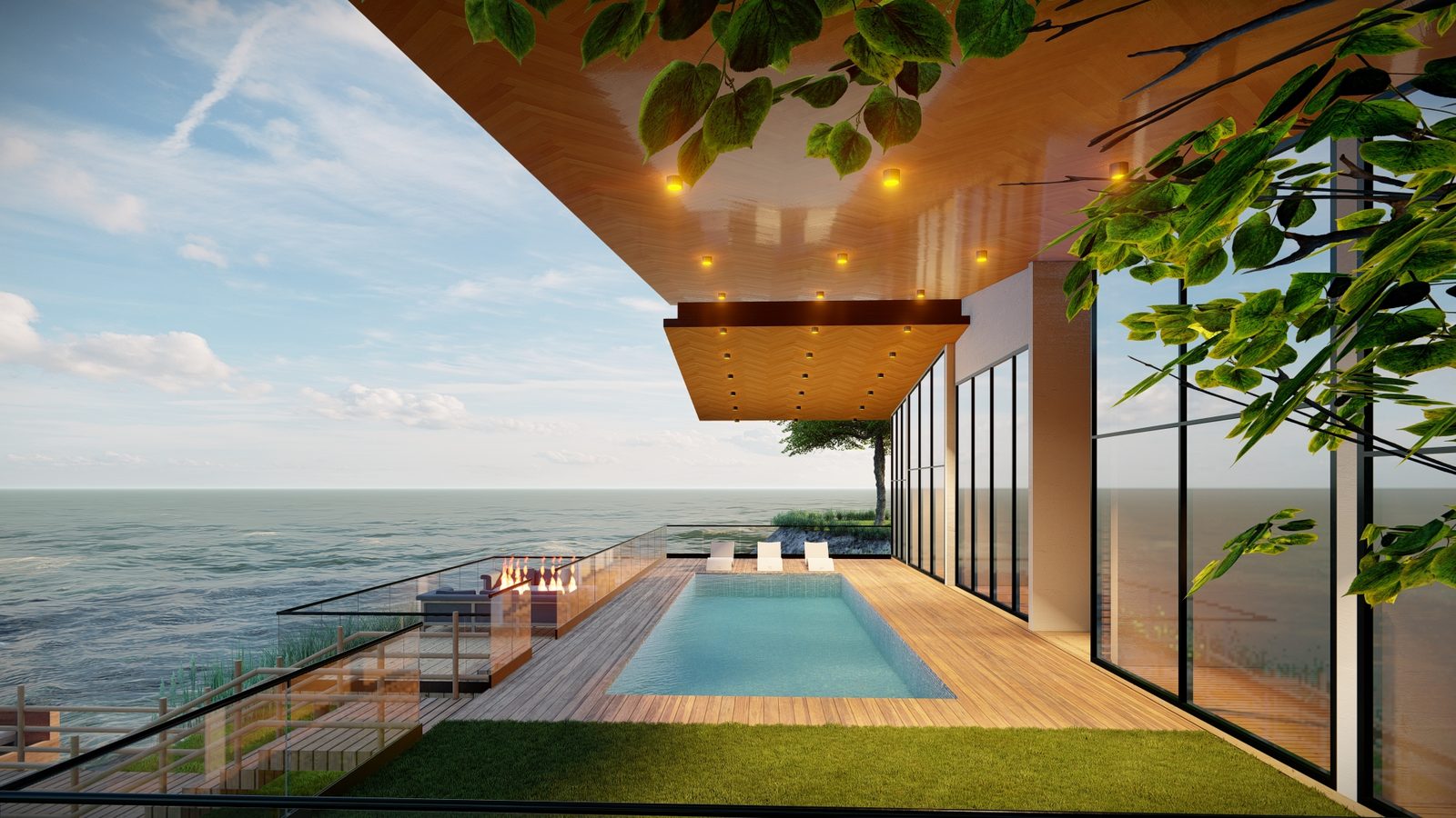 Oceanfront villa pool deck at sunset, cinematic 3D render